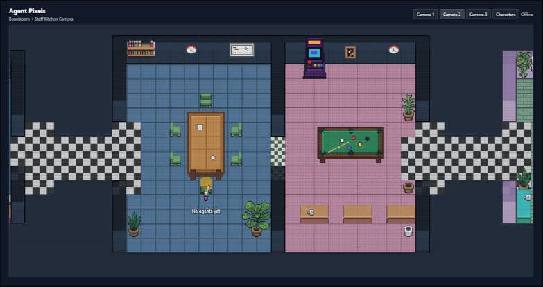 Agent Pixels boardroom and staff kitchen camera view inside Paperclip