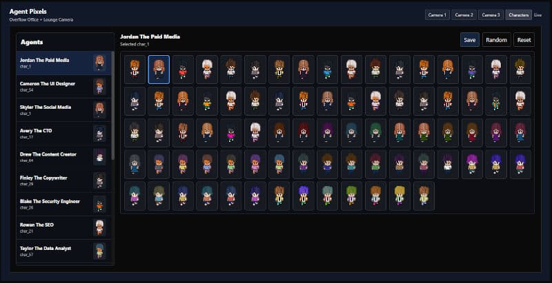 Agent Pixels character selection screen for associating Paperclip agents with character profiles